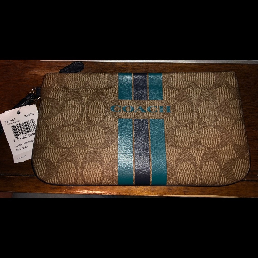 NWT Coach F66463 Varsity Stripe Large Wristlet in Signature Leather